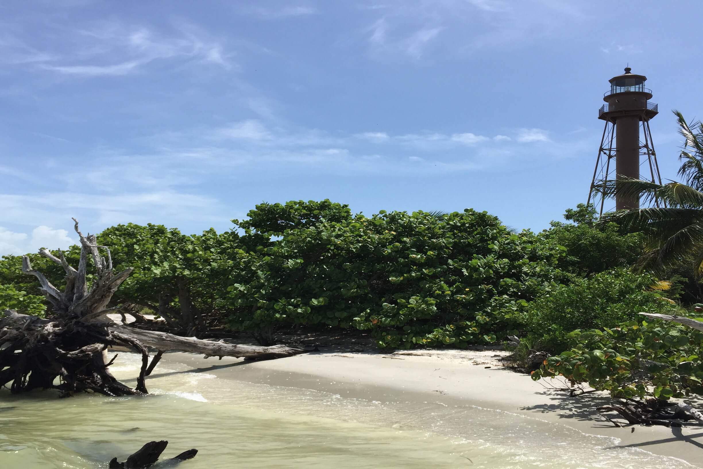 Hier sehen Sie den Lighthouse Beach auf Sabine Island in Florida direkt vor dem Leuchtturm an der Golfküste Floridas